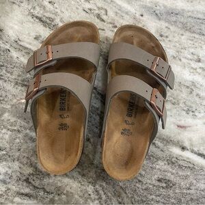 Birkenstock Gray Sandals with Copper Buckles